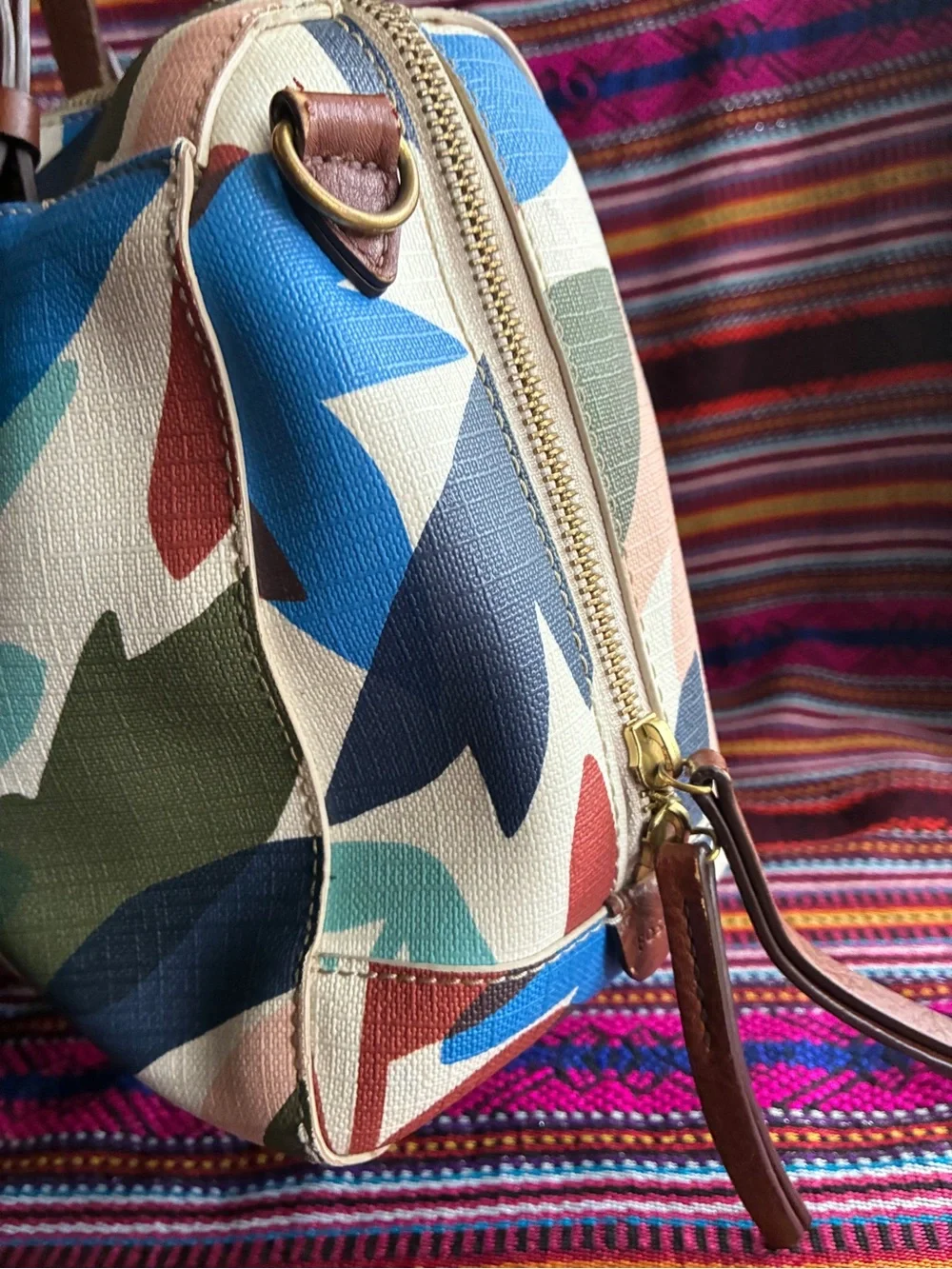 Fossil Multicolor Leaf-Print Satchel with Brown Trim